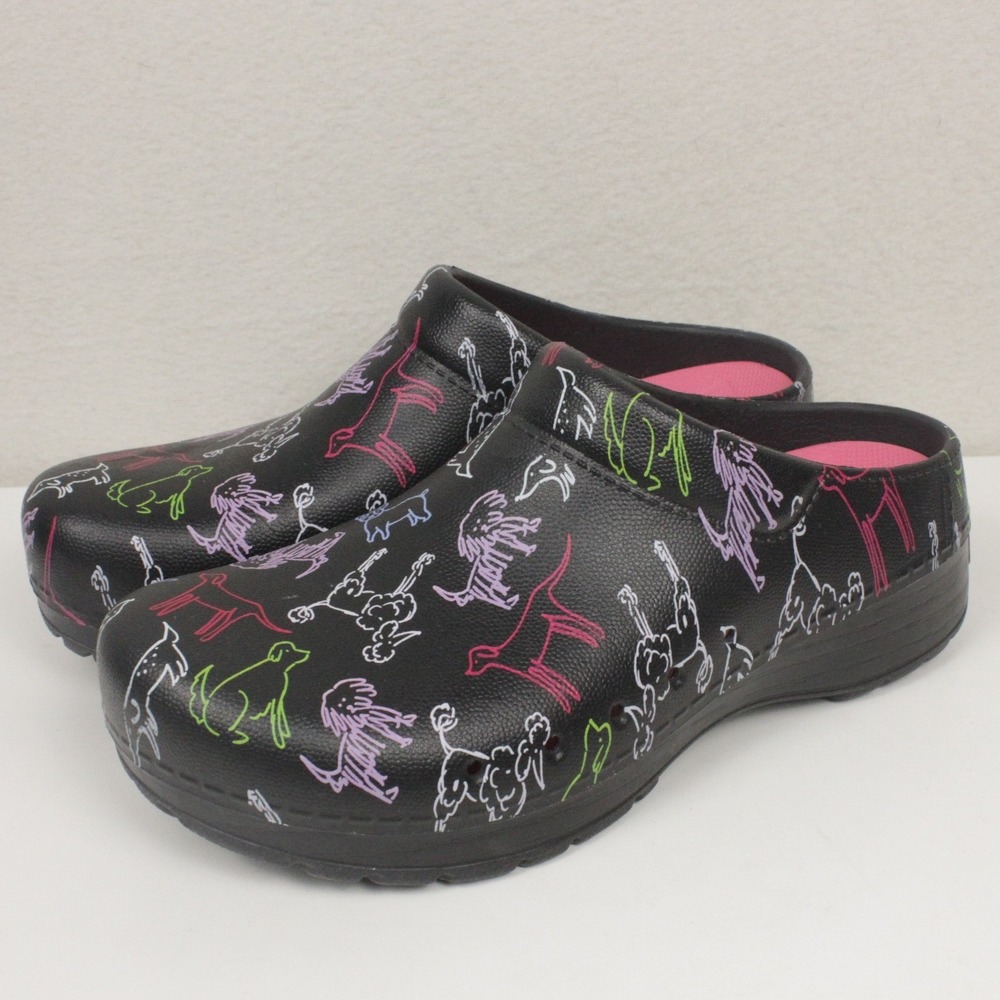 Dansko Kane Dogs Clogs Womens 38 US 7.5-8 Black Dog Print EVA Slip On Shoes